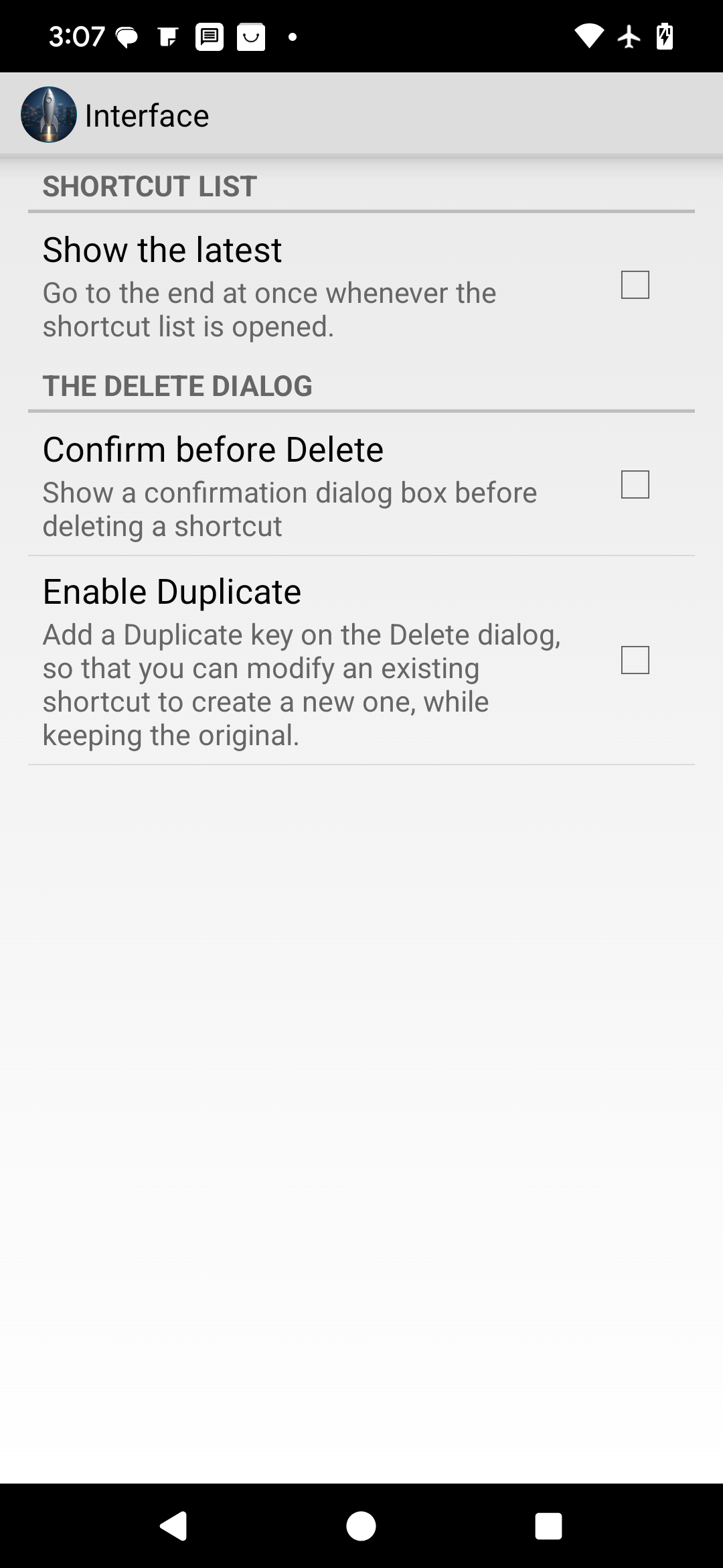 Shortcut Settings